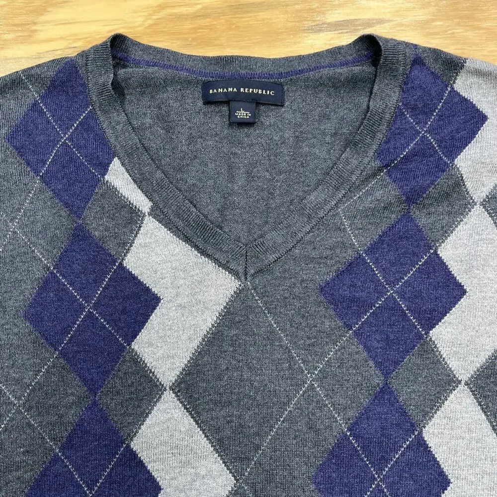 Banana Republic Silk Cashmere Blend Argyle Sweater Mens Large Mature Preppy Golf